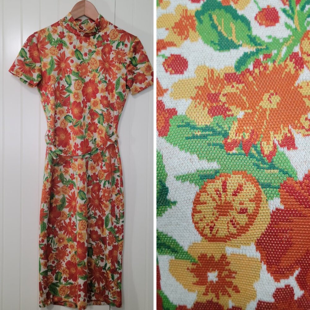 ZARA 70's Mod Retro Spring Citrus Floral Jacquard Knit Belt Fitted Dress Sz S